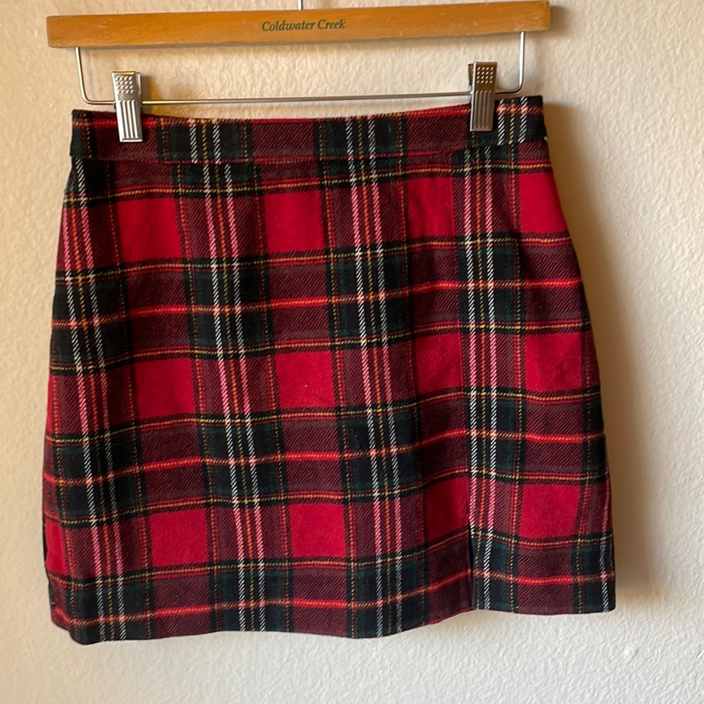 Plaid red, green, and black skirt